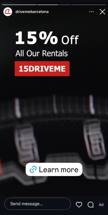 Drive Me Barcelona Instagram Story ad: 15 percent off all rentals