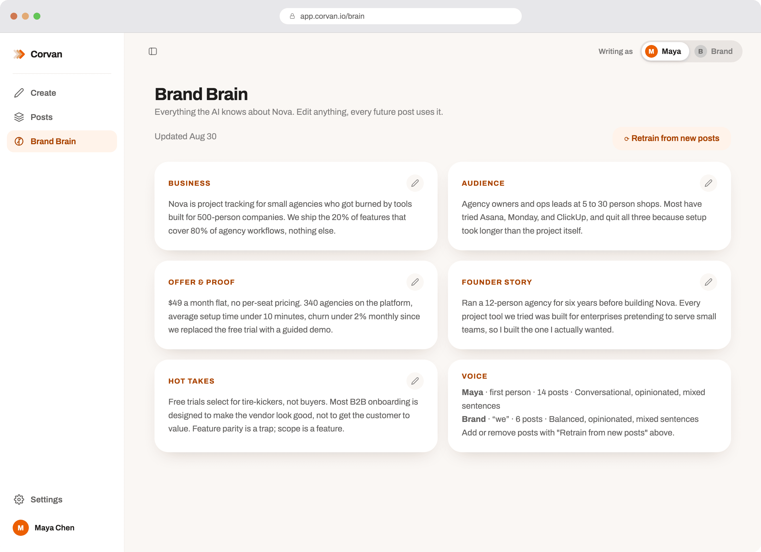 Corvan Agents, the Brand Brain screen