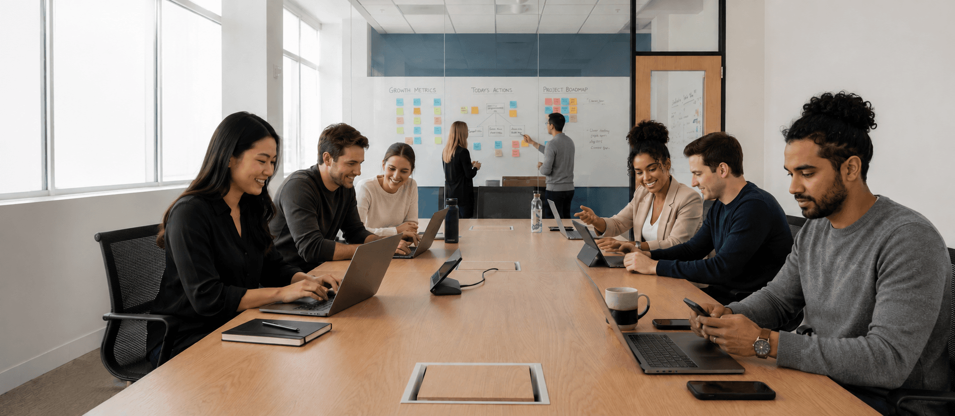 The Corvan team working through a growth plan in a meeting room